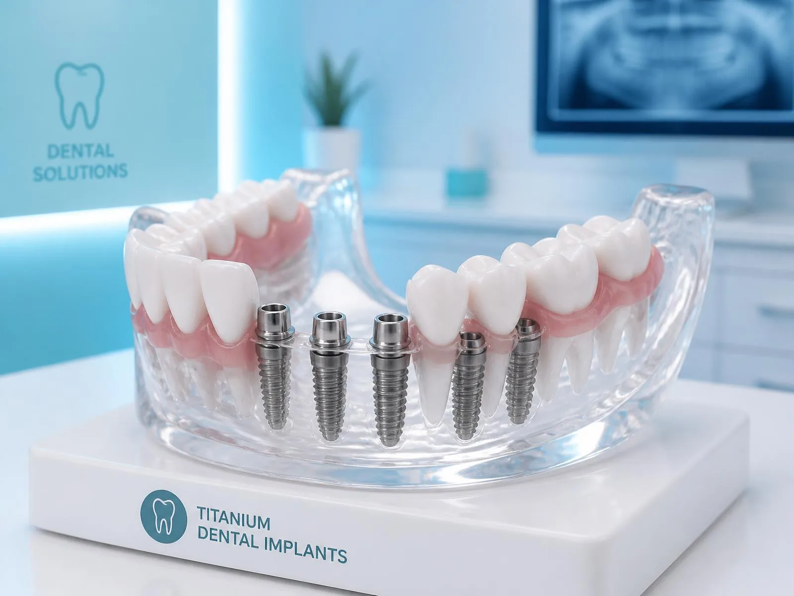 Model s dvoma implantátmi nesúcimi trojčlenný mostík